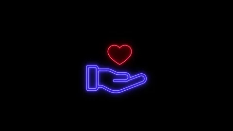 Glowing neon blue hand holding small pulsing red heart icon symbolizing lov.. Stock Footage 345549946