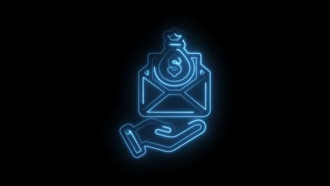 Glowing neon blue icon of a hand holding an open envelope with a money bag .. Stock Footage 346015347