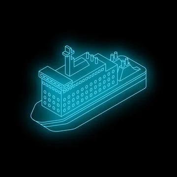 Glowing neon blue isometric nuclear powered icebreaker ship on black backgrou Stock Illustration
