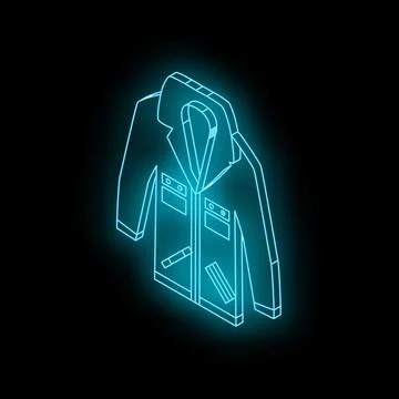 Glowing neon blue jacket on black background representing online shopping Stock Illustration