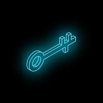 Glowing neon blue key isometric shape on black background Stock Illustration