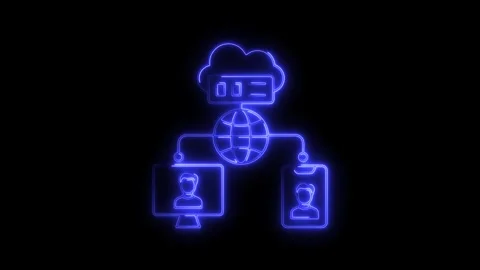 Glowing neon blue network connection icon with cloud server computer and sm.. Video stock 314709017