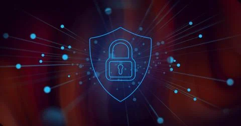 Glowing neon-blue padlock inside shield sending radial rays in cyber backdrop 스톡 일러스트