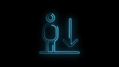 Glowing neon blue person icon with downward arrow symbol animation on black.. Stock Footage 314551353