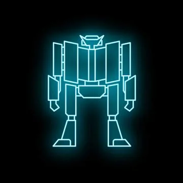 Glowing neon blue robot standing in darkness Stock Illustration