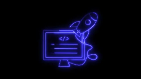 Glowing neon blue rocket launching from computer screen with code symbols r.. Stock Footage 314709012