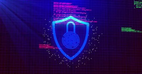 Glowing neon-blue shield hovering over purple grid, showing padlock fingerprint, Stock Illustration