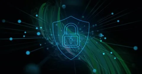 Glowing neon-blue shield with padlock floating over dark network, with green Stock Photos