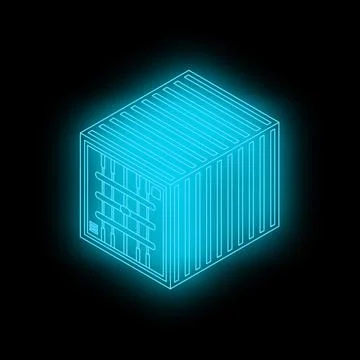 Glowing neon blue shipping container glowing on black background Stock Illustration