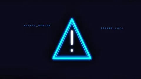 A glowing neon blue triangle warning sign featuring a white exclamation mark on Stock Footage 342112963