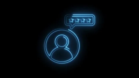 Glowing neon blue user profile icon with four star rating in speech bubble on Stock Footage 333963620