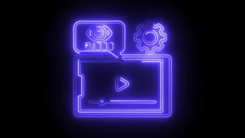 Glowing neon blue video player icon with play button and view count bubble .. Stock Footage 314713200