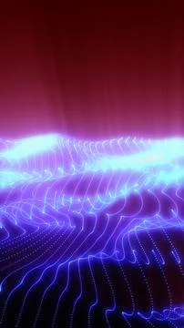 Glowing neon blue wave grid with dotted lines and bright horizon on a red-p.. Stock Illustration