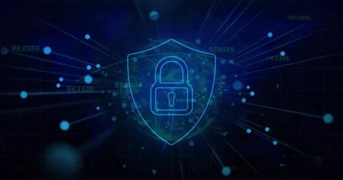 Glowing neon-blue wireframe shield with padlock pulsing and sending radial lines Illustrazione stock