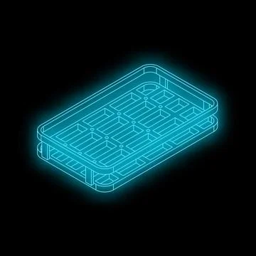 Glowing neon blue wireframe stacked tray on black background Illustrazione stock