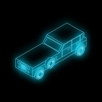 Glowing neon blue wireframe suv isometric right view on black background Stock Illustration