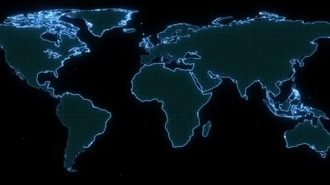 Glowing neon blue world map outline on black background with digital grid p.. Stock Footage 332991955