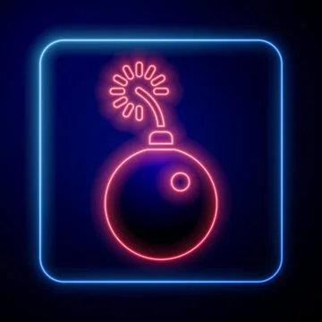 Glowing neon Bomb ready to explode icon isolated on blue background. Vector Illustrazione stock