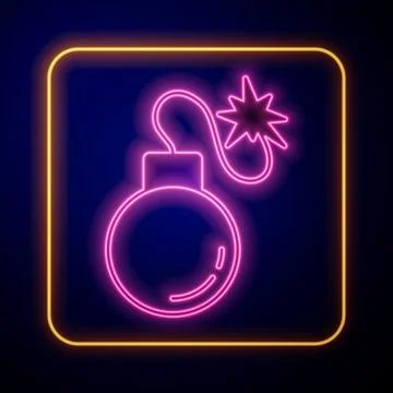 Glowing neon Bomb ready to explode icon isolated on black background. Vector イラスト素材