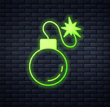 Glowing neon Bomb ready to explode icon isolated on brick wall background.  V イラスト素材