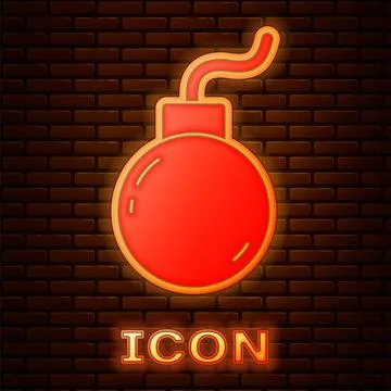 Glowing neon Bomb ready to explode icon isolated on brick wall background.  V 스톡 일러스트
