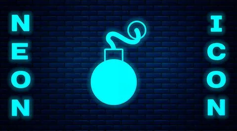 Glowing neon Bomb ready to explode icon isolated on brick wall background.  V Stock Illustration