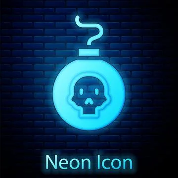 Glowing neon Bomb ready to explode icon isolated on brick wall background. Ve Illustrazione stock