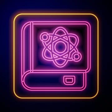 Glowing neon Book about physics icon isolated on black background.  Vector Stock Illustration