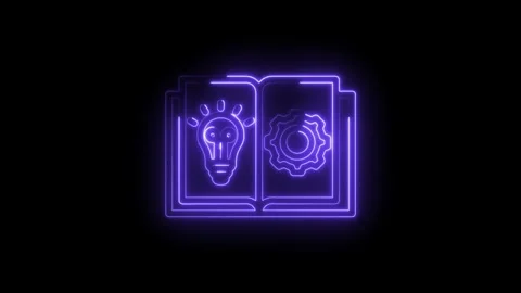 Glowing neon book icon with lightbulb and gear symbol on black background Stock Footage 333959369