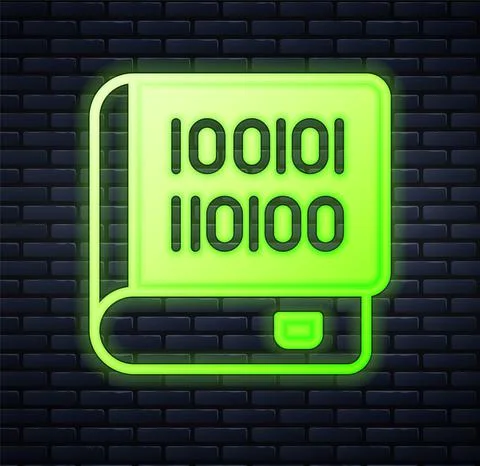 Glowing neon Books about programming icon isolated on brick wall background Stock Illustration