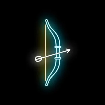 Glowing neon bow and arrow icon with target Stock Illustration