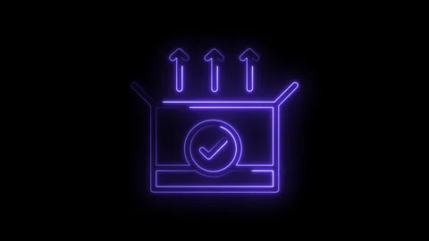 Glowing neon box with arrows up and checkmark symbolizing shipping and delivery Stock Footage 322961007