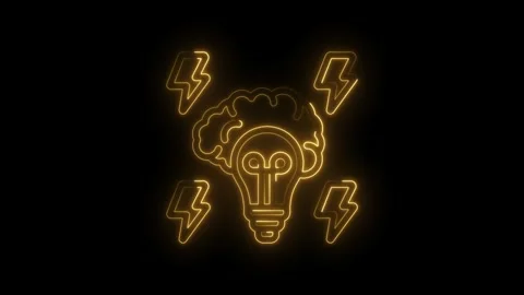 Glowing neon brain and lightbulb surrounded by lightning bolts symbolizing Stock Footage 333970290
