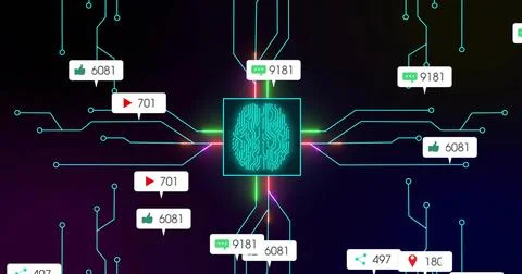 Glowing neon brain circuit extending colorful lines on digital schematic, with Stockillustratie
