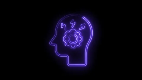 Glowing neon brain with cogwheel and lightening bolt concept animated Stock Footage 322958583