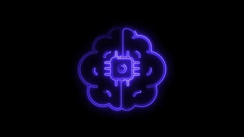 Glowing neon brain icon with central processor chip symbolizing artificial .. Stock Footage 314702298