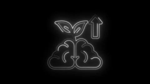 Glowing neon brain icon with growing plant and upward arrow symbolizing Stock Footage 333970092