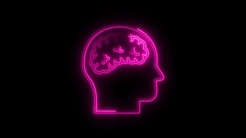 Glowing neon brain inside head outlines shape animation on dark background Stock Footage 308606167