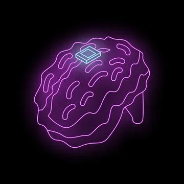 Glowing neon brain receiving microchip implant, symbolizing technological sin Stock Illustration