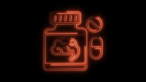 Glowing neon brain supplement bottle with pills on a dark background concept Stock Footage 322968353