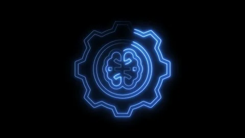 Glowing neon brain symbol inside a gear represents machine learning and Stock Footage 322971858