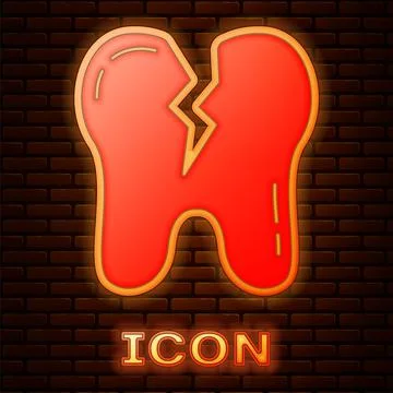 Glowing neon Broken tooth icon isolated on brick wall background. Dental problem イラスト素材