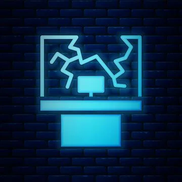 Glowing neon Broken window icon isolated on brick wall background. Damaged Ilustración de archivo