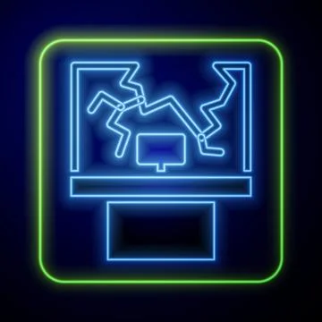 Glowing neon Broken window icon isolated on blue background. Damaged window Ilustración de archivo