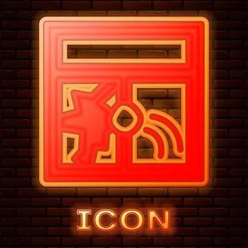 Glowing neon Broken window icon isolated on brick wall background. Damaged Ilustración de archivo