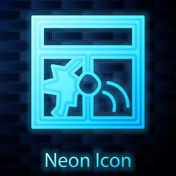 Glowing neon Broken window icon isolated on brick wall background. Damaged .. Ilustración de archivo