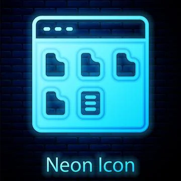 Glowing neon Browser files icon isolated on brick wall background. Vector Stockillustratie