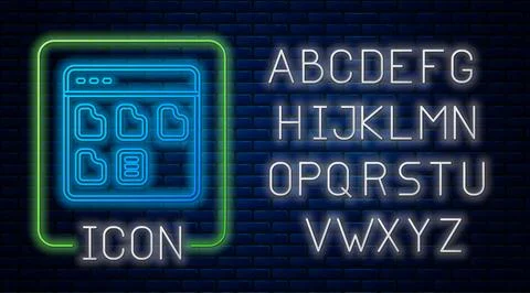 Glowing neon Browser files icon isolated on brick wall background. Neon lig.. Stock Illustration