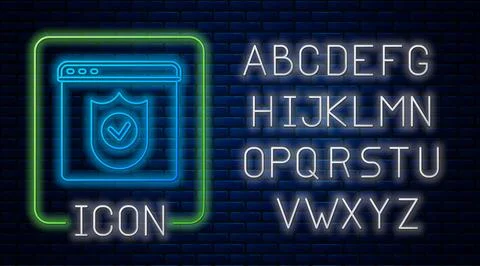 Glowing neon Browser with shield icon isolated on brick wall background イラスト素材