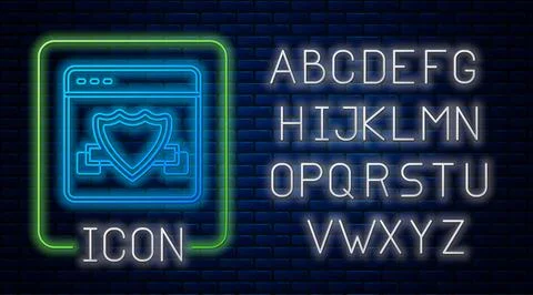 Glowing neon Browser with shield icon isolated on brick wall background イラスト素材